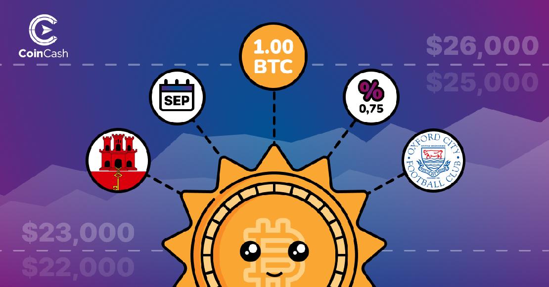 Egy napocska BTC érme, hozzá kapcsolódóan az Oxford Football Club logójával, Gibraltárt, szeptemberi naptárat, 1 BTC-t valamint 0,75-öt mutató ikonokkal